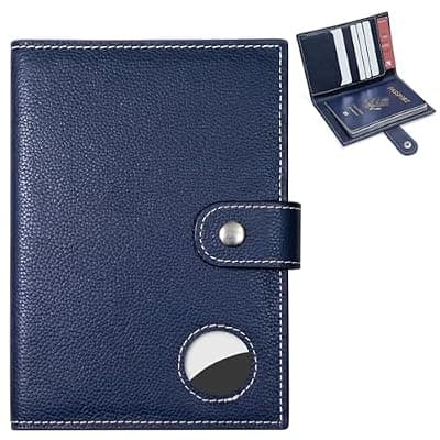 [Generic] Genuine Leather Passport Holder for Travel, RFID Blocking Passport Wallet with Tracker Holder, Slim Passport Cover Travel Wallet for Women Men, Airport Essentials (Blue)