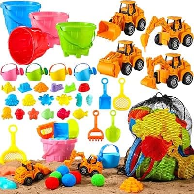 [Motionchic] Motionchic 68 Pcs Pool Party Favors Beach Toys for Aged 3-10 Include Sand Buckets Construction Cars Rake Sieve Shovel Set Ocean Animal Castle Molds Watering Cans Water Balls Mesh Beach Bags for Summer