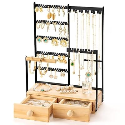 [DreamGenius] DreamGenius Jewelry Organizer Stand with 2 Velvet Ring Holder Drawers, 5 Tier Jewelry Holder Organizer with 11 Hooks for Necklaces and 145 Holes for Earrings, Black