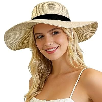 [Skdgih] Womens Wide Brim Straw Sun Hat UPF 50+ UV Protection Foldable Summer Beach Travel Hat