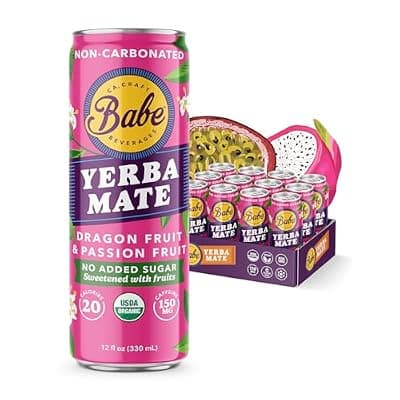 [Babe Beverages] Babe Organic Yerba Mate Energy Drinks | NO ADDED SUGAR | 150mg Plant-Based Caffeine | Natural Yerba Mate Tea with No Crash, No Jitters - Dragon Fruit Passion Fruit NO ADDED SUGAR (12 x 12oz cans)