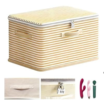 Discreet Lockable Adult Toy Box Storage Organizer with Zipper Lid, 15x10x10 Inch Large Capacity Travel Case, Secure Lock Privacy Bag for Women & Men Clothes Container(Beige Stripes)