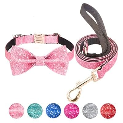 [Jumpress] Jumpress Bling Bow Tie Dog Collar and Leash Set, Cute Pink Puppy Dog Collar with 5ft Leash for Small Dogs Daily Walking or Holiday Party (Neck fit 9-12’’)