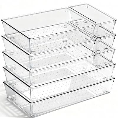 [CHOWAY] 8 Pack Large Clear Plastic Drawer Organizer Bins - Acrylic Bathroom Drawer Organizer Trays - Heavy Duty Kitchen Drawer Dividers for Utensils - Non-Slip Storage Bins for Makeup, Bedroom, Office Desk