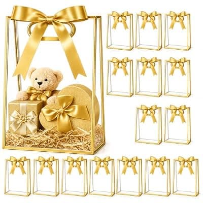 [BEFEIEULEAQ] BEFEIEULEAQ 16 Pcs Clear Gift Bags with Ribbon and Handles, 10 x 7 In,Golden