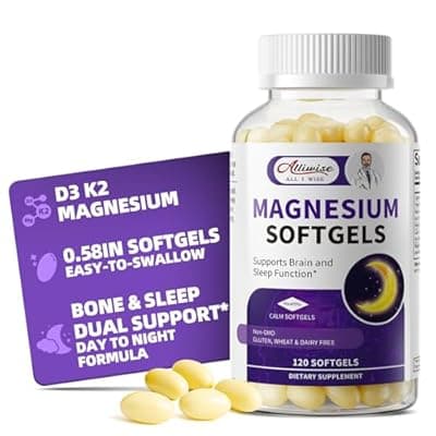 [Alliwise] Magnesium Glycinate 400mg Softgels, Small Easy to Swallow High Absorption Magnesium Supplement, with Vitamin D3 & K2 for Sleep Relax Calm Muscle Bone* Health, 120 Gelcaps