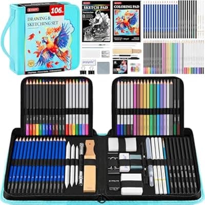 [POPYOLA] 106 Pack Art Supplies Sketching Kit with 3-Color Sketchbook, Coloring Book, Tutorial, Graphite Colored Charcoal Watercolor & Metallic Pencils, Drawing Supplies Gift Case for Artists Beginners Adults