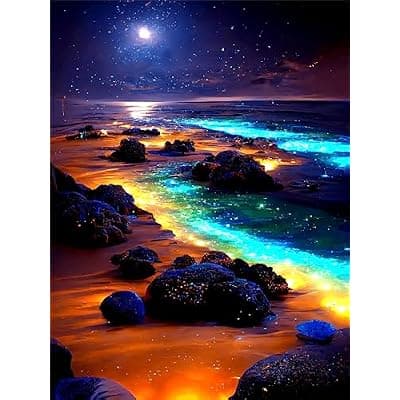 [Yunnuo] Yunnuo Moonlight Beach Diamond Art Kits for Adult, Diamond Painting Kits for Beginners, 5D DIY Full Drill Gem Art with Rhinestone Diamonds, 12x16 Inch, Home Wall Decor Gifts