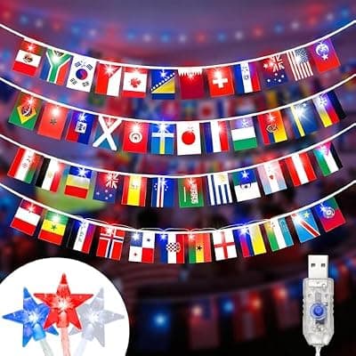 [Soagrc] Soagrc 2026 World Cup Decorations String Lights, 49FT 75 LED Red White Blue Star Lights with 48 Country Flags, USB Powered Soccer Party Decor for World Cup, 4th of July, Sports Bar, Outdoor Indoor