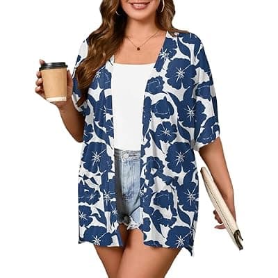 [AusLook] AusLook Plus Size Cardigan for Women Short Sleeve Lightweight Open Front Shrug with Pockets for Dresses and Layering 1X-5X