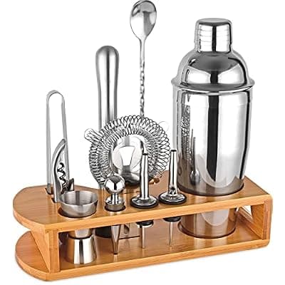 [Wukuna] Cocktail Shaker Set Bartender Kit : 12-Piece Bar Tool Set with Bamboo Stand | Bars Set with All Practical Bar Accessories, for Drink Mixing, Bar, Home, Lounge & Party (Silver)