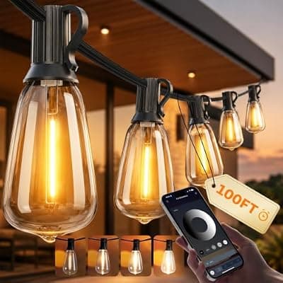 [Ecoeve] Ecoeve Outdoor String Lights, 100FT Patio Lights for Outside, Smart App & Remote Control with Timer, Dimmable with 4 Scene Modes, Warm White Waterproof LED Bulbs for Garden, Yard and Backyard Decor