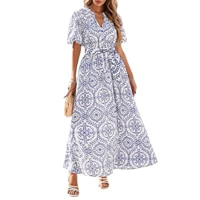 [KIRUNDO] KIRUNDO Women Spring Summer Wedding Guest Boho Floral Maxi Dress Puff Sleeve Button Shirt V Neck Flowy Beach Vacation Dress