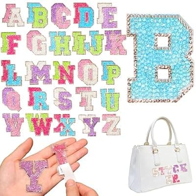 [Yinder] Yinder 52 Pieces Glitter Rhinestone Letter Stickers Crystal Rhinestone Iron on Letter Self Adhesive A-Z Glitter Resin Stickers for Clothing Art DIY Works (Multicolor)
