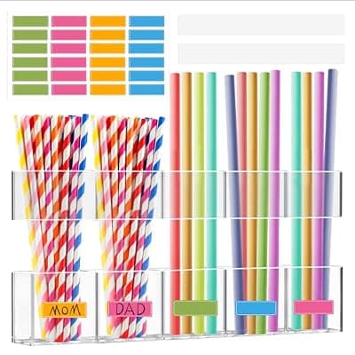 [Ragontil] Straw Holder for Cabinet Door - 9.5'' Acrylic Straw Organizer with Adhesive Tape & Stickers, Transparent Straws Storage Container for Cabinet, Straws Dispenser for Counter Cupboard Home Kitchen Cafe