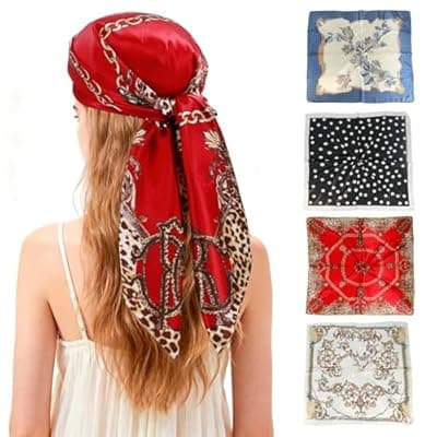 [Ciormis] Ciormis 35" Silk Head Scarf for Women, 4 Pcs Satin Hair Scarf Square Silk Bandana Top Neck Scarves Hair Wraps for Sleeping
