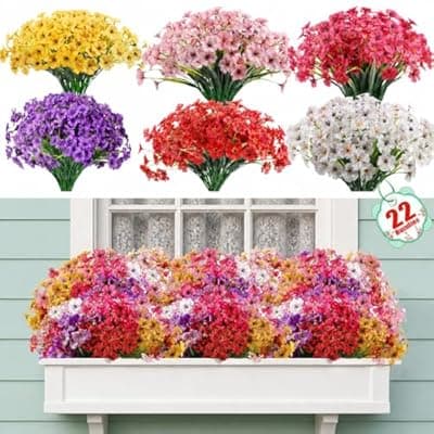 [Powbrace] Powbrace 22 Pack Artificial Flowers for Outdoor Indoor Fake Plants, Faux Silk Flowers for Outdoors Outside Front Porch Hanging Planter Window Box Garden Spring Decoration(Multi-Colour)
