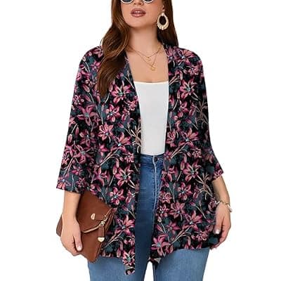 [AusLook] AusLook Women's Plus Size Lightweight Open Front Cardigan 3/4 Sleeve Cover Ups Shrugs Shawls and Wraps Kimono Jacket Coat