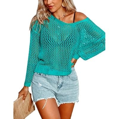 [AI'MAGE] AI'MAGE Womens Crochet Tops Long Sleeve Hollow Out Swim Cover Up 2026 Beach Bikini Swimsuit Summer Tunic Top