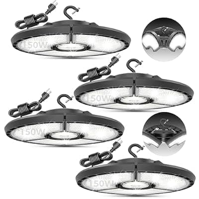 [RUNBARRY] RUNBARRY High Bay LED Shop Lights, 150W 24,000LM UFO LED High Bay Light with US Plug 6FT, IP65 Waterproof UFO Light for Workshop Stadium Garage Lighting – 6000K Daylight 4 Pack