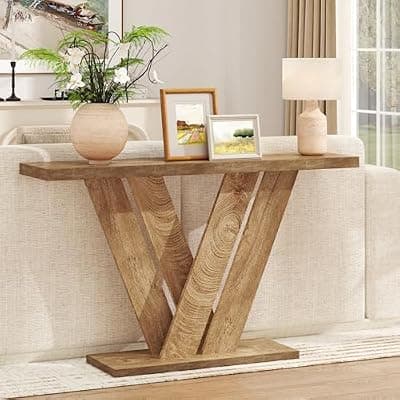 [karlott] karlott 51 Inch Console Table, Modern V-Shaped Entryway Table, Wood Sofa Table Behind The Couch for Living Room, Hallway, Entrance, Foyer, Easy Assembly, Brown