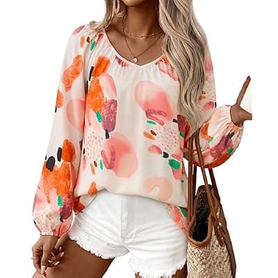 [Zenlonr] Zenlonr Women's Summer Tops Dressy Casual 2026 V Neck Satin Silk Printed Shirts Boho Long Sleeve Work Blouses