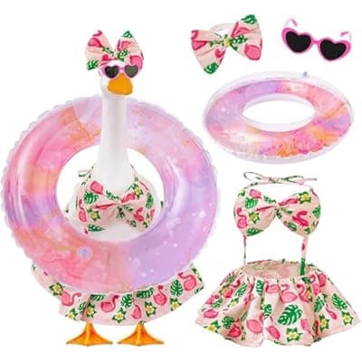[Batfsm] Batfsm Bikini Porch Goose Outfits Fits 23" Goose Statue Summer Porch Goose Outfit with Sunglasses and Swim Ring Hawaiian Porch Goose Clothes Costume for Outdoor Garden Lawn Yard Decor(Flamingos)