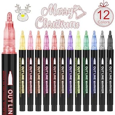 [OLINGYOU] OLINGYOU Outline Markers, 12 Colors Shimmer Markers Set, Self Outline Metallic Outline Marker Pen Set for Art, Drawing, Doodling, Card Making, Greeting Cards, DIY Crafts