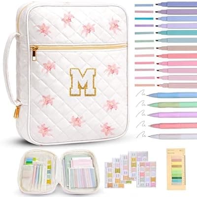 [Tanolix] Tanolix Bible Bag for Women, Bible Cover Case with Study Supplies, Initials Personalized Quilted Bible Bag, Large Chenille Bible Cover – Christian Gift for Girls (Pink Lilies-M)