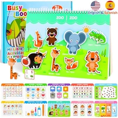 Spanish & English Bilingual Montessori Books for Toddlers 3-4-5, Pre-Assembled Reusable Sticker Activities Toy for Kids to Learn Spanish - Speech Therapy Valentine Gifts for Kid - Juguetes Para Niñas