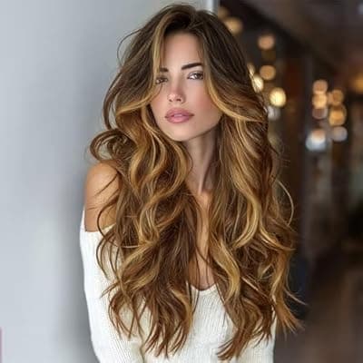 NOSTALGIA Ombre Brown Highlight Wigs for Women, Honey Blonde Long Wavy Lace Hairline Middle Part Synthetic Heat Resistant Wig for Daily Party Use