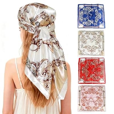 [Ciormis] Ciormis 35" Silk Head Scarf for Women, 4 Pcs Satin Hair Scarf Square Silk Bandana Top Neck Scarves Hair Wraps for Sleeping