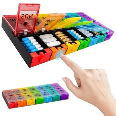 [Fancybird] Push Button Weekly Pill Organizer 2 Times a Day, Medicine Pill Organizer, Pill Box Case 7 Day AM PM, Pill Container for Vitamins, Fish Oil, Supplements Medication (Colorful)