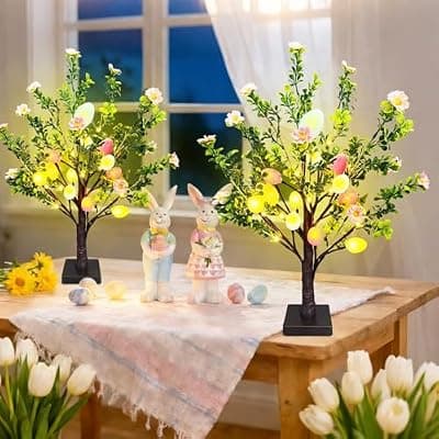[Halystar] 2 Pack 22" Lighted Easter Tree Decorations with 24 Pink Flowers & 24 Eggs, Battery Operated Tabletop Artificial Spring Tree with Timer, DIY Prelit Easter Decor for Home Indoor Centerpiece