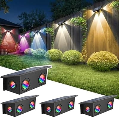 [T-SUN] T-SUN Solar Fence Lights Outdoor, 4 Pack Waterproof Fence Lights Solar Powered 8 Mode RGB & Warm White＆Color Changing Dusk to Dawn Wall Lights for Yard Patio Step Deck Railing Pool