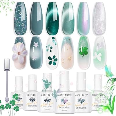 [modelones] modelones Gel Nail Polish, 6 Colors Hema Free 9D Cat Eye Green Glass Sliver Green Glitter Shimmer 2026 Spring Nail Polish Kit with Magnet Soak Off LED Winter Cateye Nail Art Gel DIY Salon