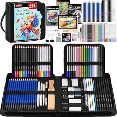 [POPYOLA] 133 Pack Art Supplies Sketching Kit with Sketch Book, Coloring Book, Watercolor Pad, Black Paper Pad, Tutorial, Graphite Colored Charcoal Watercolor & Metallic Pencils for Artists Beginners Adults