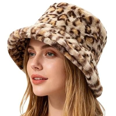 [Skdgih] Winter Faux Fur Bucket Hat - Cozy Leopard Print Cheetah Hat for Women & Men, Adjustable & Packable Cold Bucket Hats for Woman
