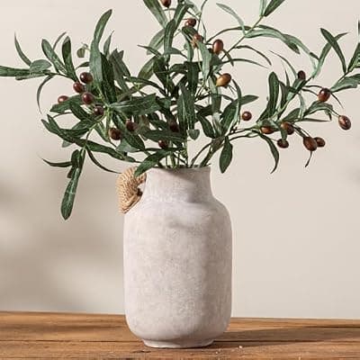 [Vanselia] Ceramic Flower Vase Home Decor - Large White Rustic Table Flowers Vases Living Room Bedroom Plant Decoration Farmhouse Vintage for Kitchen Shelf Office Coffee Dining Desk House (9.7" with Jute Rope)