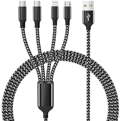 [MPATIBY] Multi Charging Cable,Dual Type-C Multiple Charger Cable Nylon Braided 4 in 1 Multi USB Cable Charging Cord with IP/Type C/Micro USB Ports for Cell Phones/iPhone/Tablets/Samsung Galaxy & More-1Pack 5Ft