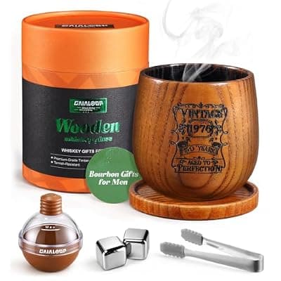 [Gaialoop] Gaialoop Charred Wooden Bourbon Glass Gift Set, Vintage Pattern Engraving | Engraved whiskey glasses for men with whiskey rocks & ice ball, old fashioned glass gifts set for him, whiskey Lovers