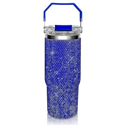 [HWISDMIG] Bling Rhinestone Studded Tumbler with Top Handle, Bling Cups Stainless Steel Water Bottle Diamond Glitter Tumbler for Women - Birthday Gifts for Women, Mom,Get Well Soon Gifts (Pacific)