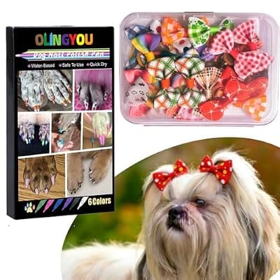 [OLINGYOU] OLINGYOU Dog Nail Art Pens,Nail Art Markers for Dog-6 Colors & 20 Pcs Dog Bowknot Hair Bows, DIY Nails for Pet, Dog Safe Nail Polish Non Toxic, Odorless, Easy to Apply