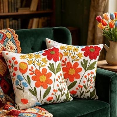 [yuboo] yuboo Set of 2 Embroidered Throw Pillow Covers 18x18 Inch - Boho Summer Decorative Cushion Covers with Zipper 3D Flower Cluster, Aesthetic Floral Pillowcases for Couch Sofa Bed, Housewarming Gifts