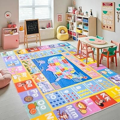 [OHDS] OHDS Kids Rugs for Playroom - Soft & Non-Slip 8x10 Feet Educational Rug for Learning ABC Alphabet, Numbers, Shapes & Map, Washable Classroom Rug for Toddler Nursery & Kids Room Decor