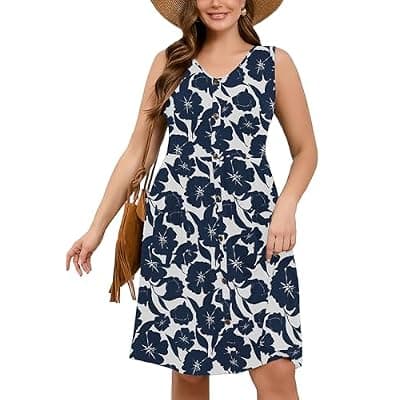 [AusLook] AusLook Plus Size Women Summer Dresses Sleeveless Casual Loose Swing Button Down Midi Dress with Pockets 1X-5X