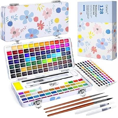 [Caliart] Caliart 128 Colors Watercolor Paint Set, Portable Art Supplies Palette Kit | Water Color Paints with Detail Paintbrush, Art Coloring Painting Gifts for Adults Professionals Beginners Artists