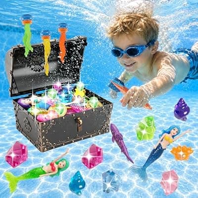 [Urqgnc] Urqgnc Pool Diving Toys for Kids 41pcs Pool Games Set with Treasure Chest Key Coin Gems Underwater Treasures, Mermaid Pool Toys Water Swimming Toy Gift 4 5 6 7 8 9 10 11 12 Year Old Boy Girl