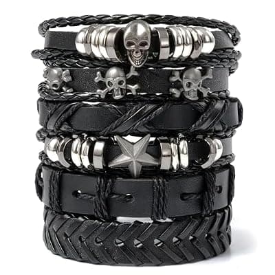 [Evrblock] 6 Pcs Leather Emo Bracelets for Men and Women – Adjustable Punk Rock Gothic Jewelry, Skull Star Designs, Fits 7–11 Inch Wrist – Grunge Bracelets for Daily Wear, Festivals, and Alternative Outfits