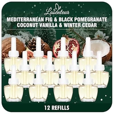 [LASENTEUR] Plug in Air Freshener Refills 12 Pack – Mediterranean Fig, Black Pomegranate, Coconut Vanilla & Winter Cedar Scents for Bathroom & Home – Compatible with Air Wick & Glade, Not Include Glade Plus